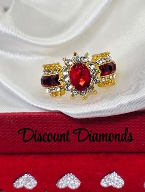 Vintage Ruby & Clear White Baguette Diamond Cocktail Ring 18K Gold on 925 Silver